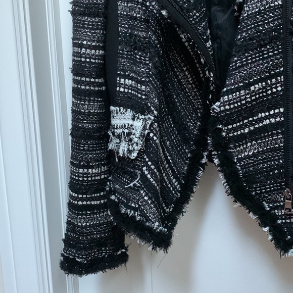Mcginn Black White Tweed Boucle Metallic Moto Crop Fray Raw Edge Blazer Jacket - Picture 3 of 16